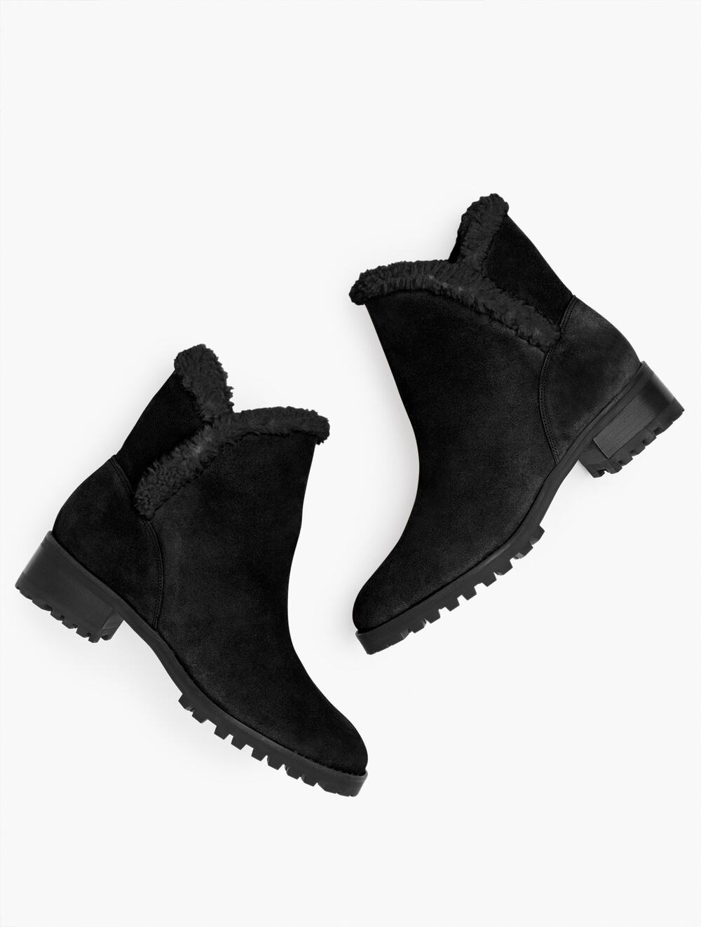 Talbots Tish Faux Shearling Trim Ankle Boots 6M pull-on black suede
